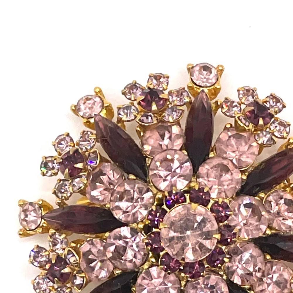 Vintage Pale Pink Deep Purple Rhinestone Sunburst Pin Brooch